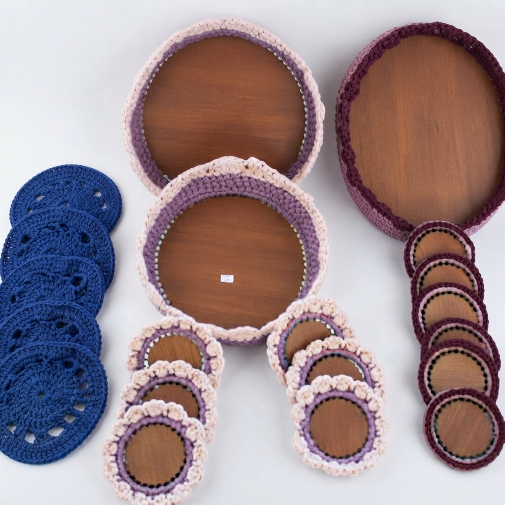 Set de plateaux artisanaux en bois et crochet – Collection Rif élégance