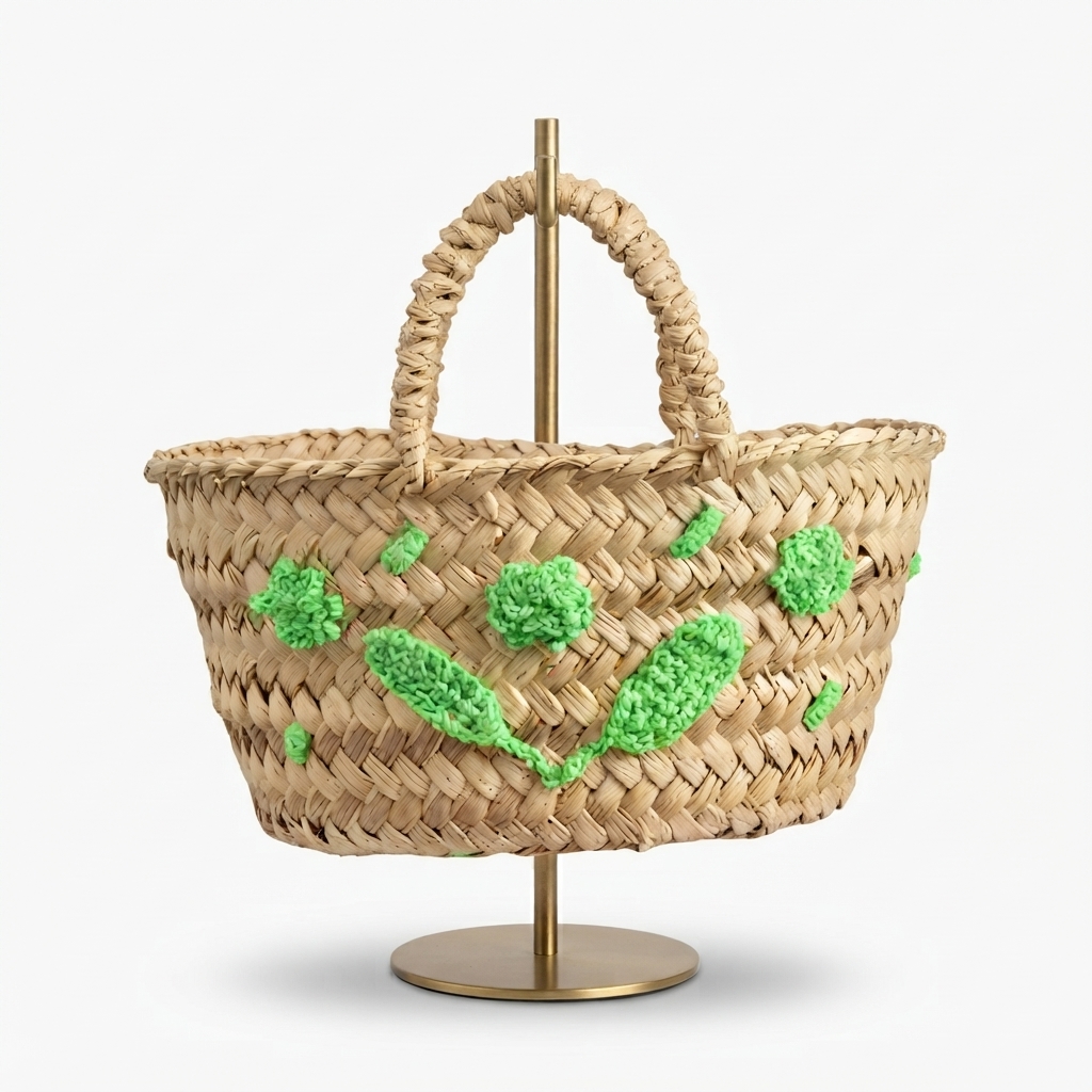 Panier en fibres naturelles avec motifs floraux