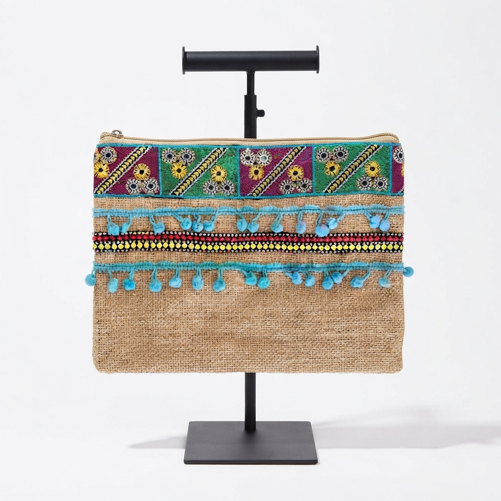 Pochette bohème en toile de jute (ou clutch ethnique).