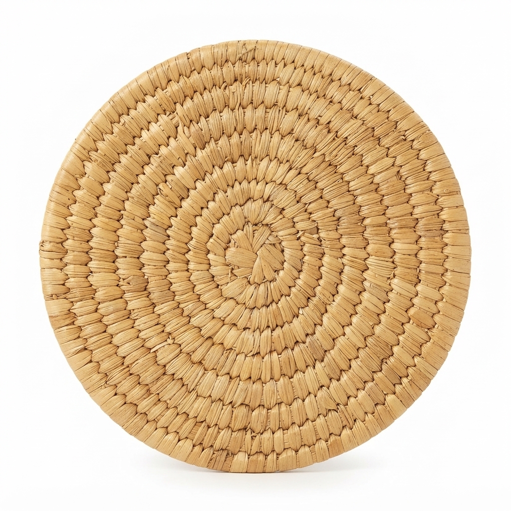 un dessous-de-plat en paille tressée (ou osier/rotin).