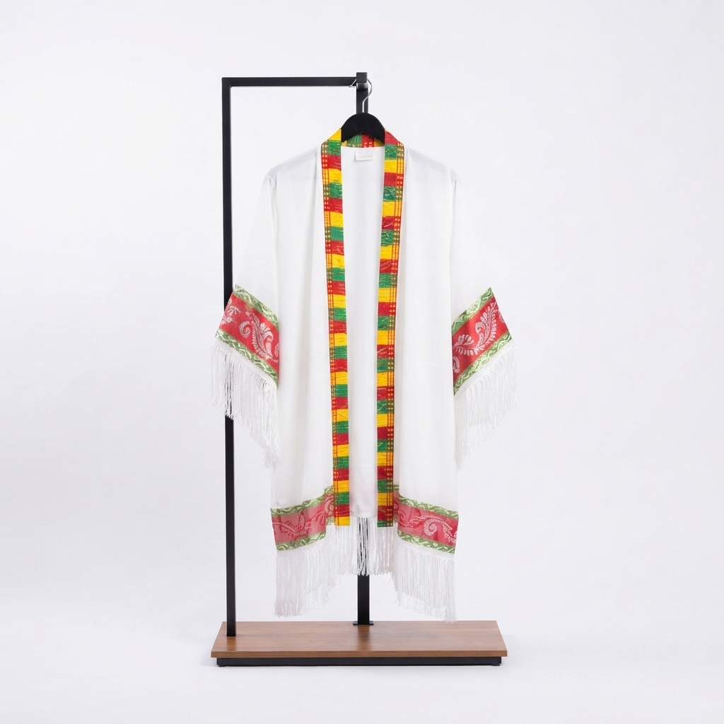 Kimono Yasmine – Cape légère blanche aux galons traditionnels et franges