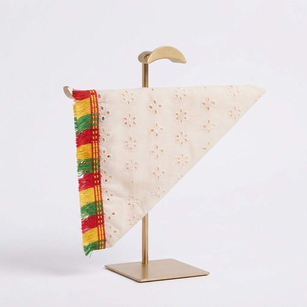 Foulard Amazigh Kahina** – Écharpe traditionnelle en broderie anglaise noire et franges tricolores