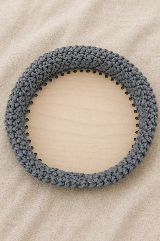 Panier Ronde en Crochet avec Socle en Bois – Design Moderne & Minimaliste