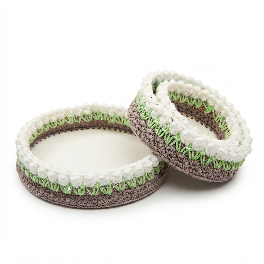 Ensemble de Paniers plats ronds avec bords crochetés, réalisés à la main