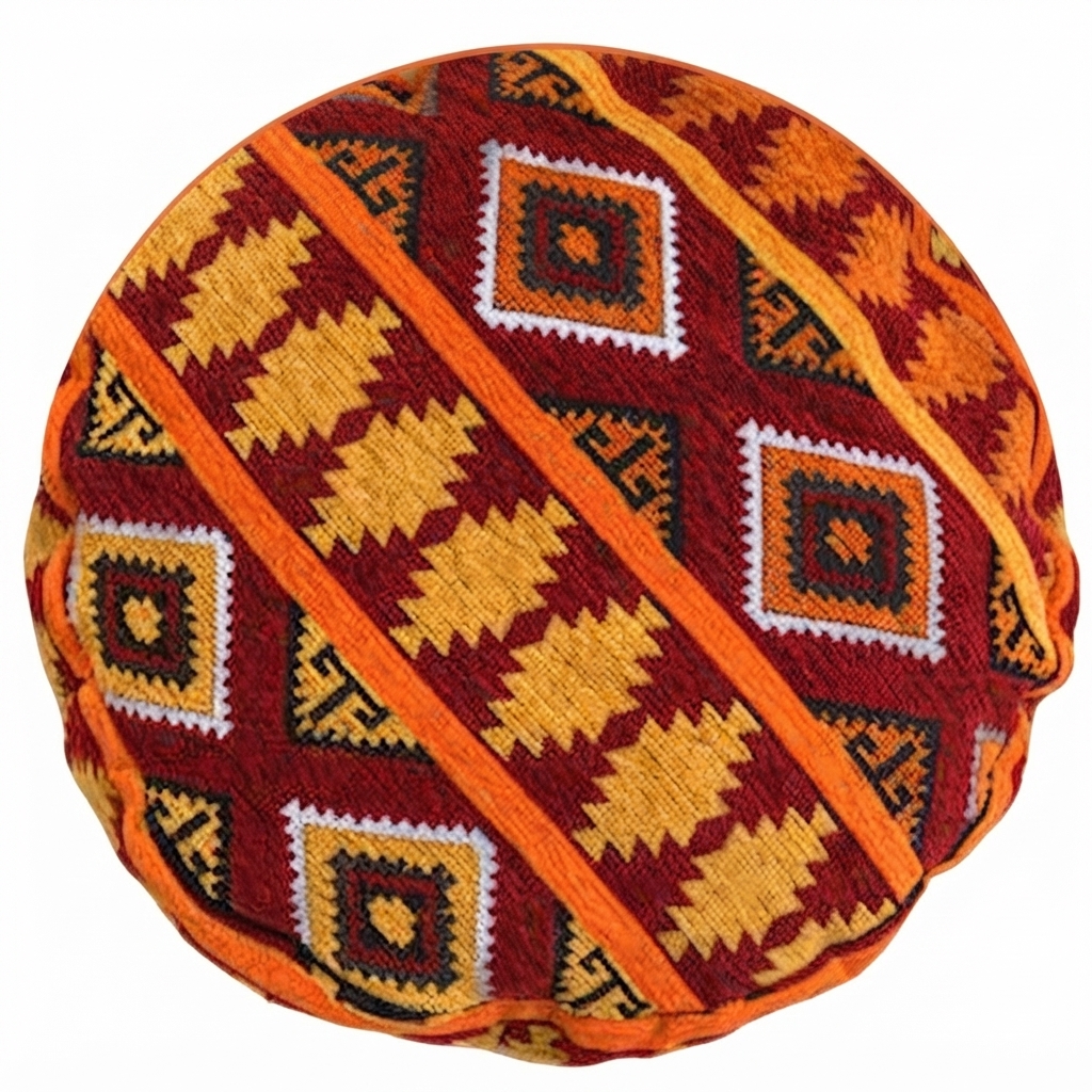 Pouf Rond Artisanal – Motifs Géométriques Traditionnels