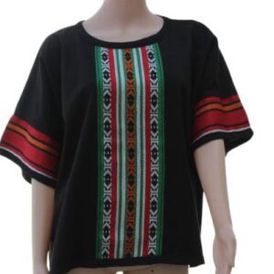 Tunique Noire Style Ethnique – Plastron Géométrique et Manches Ornées